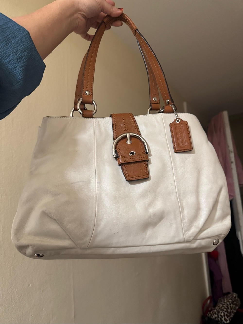 Coach Cream Leather Shoulder Bag with Tan Trim